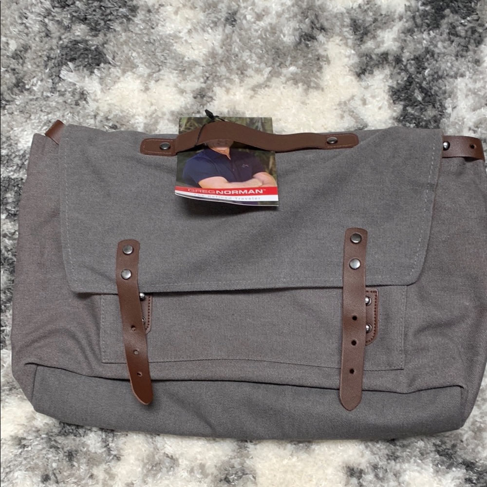 Greg Norman Collection Gray and Brown Messenger Bag with Leather Accents